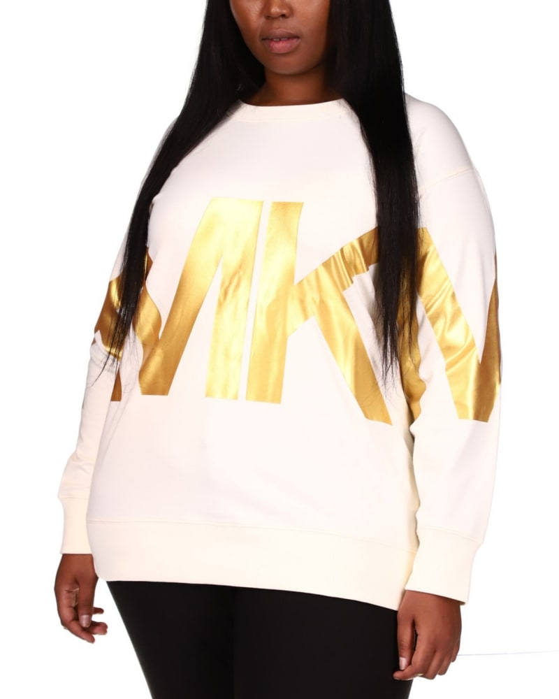 Front of a model wearing a size 3X Michael Kors Women's Exclusive Plus Size Logo Sweatshirt White Size 3X in White by Michael Kors. | dia_product_style_image_id:313794